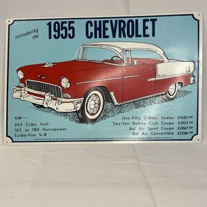 ~VTG.~ "1955 CHEVROLET RED & WHITE" METAL ADVERTISING SIGN 12" X 18"